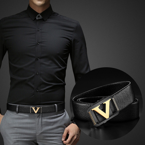 Cinturón de piel auténtica con letras en V para hombre, cinturón de alta calidad, clásico, exquisito ► Foto 1/6