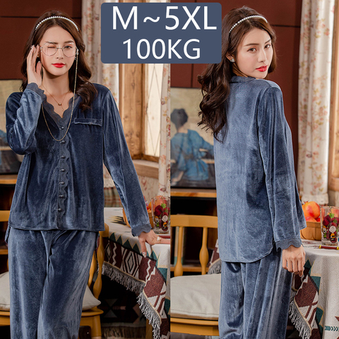 Conjunto de Pijama de terciopelo de talla grande para mujer, ropa de dormir de franela cálida de manga larga, traje para casa, ropa de descanso 5XL ► Foto 1/5