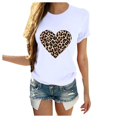 Camiseta de talla grande para Mujer, Camiseta con estampado de leopardo y corazón, Tops blancos informales, de manga corta Camiseta holgada, camisetas para Mujer 2022 ► Foto 1/6