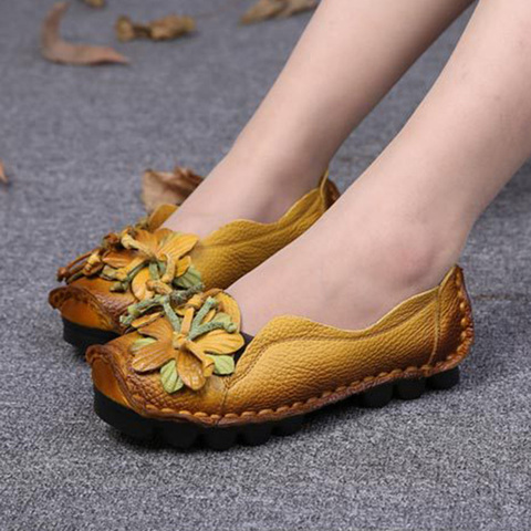 Zapatos hechos a mano con flores para mujer, sandalias informales de fondo plano suave con flores, zapatos de cuero genuino de estilo Folk, novedad de otoño ► Foto 1/6