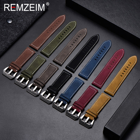 REMZEIM-Correa de reloj de cuero mate Retro, correa de cuero de 18, 20, 22 y 24mm, correa de acero inoxidable con hebilla, color negro, marrón, azul y rojo ► Foto 1/6