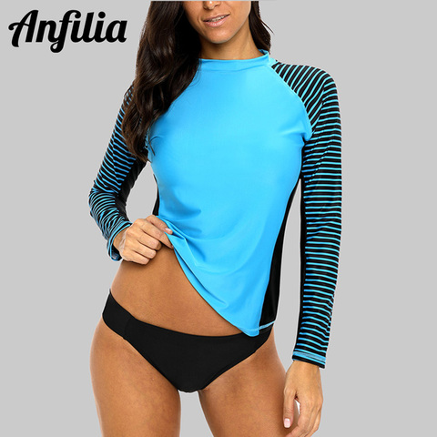 Anfilia-traje de baño de manga larga para mujer, traje de baño a rayas con Rashguard, trajes de surf de retazos, para correr, UPF50 + ► Foto 1/6