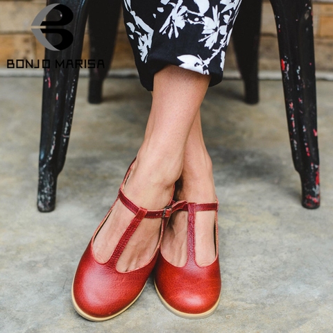 BONJOMARISA-zapatos planos informales con correa en T para mujer, zapatillas de estilo Retro, elegantes, lisos, de ocio, informales, zapatos de tacón bajo, 2022 ► Foto 1/6