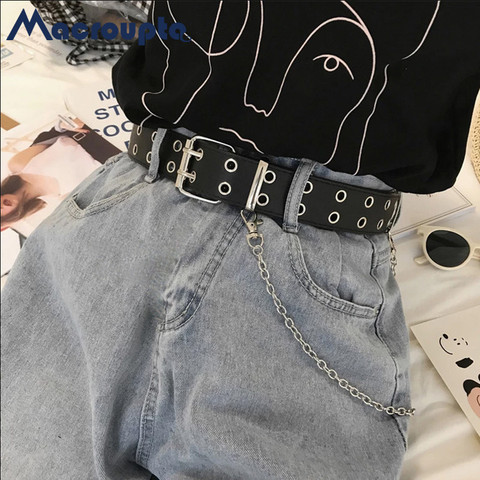 De moda Harajuku mujer Punk cadena cinturón ajustable negro doble/solo arandela ojal de cuero de hebilla de Metal cintura para Vaqueros ► Foto 1/6