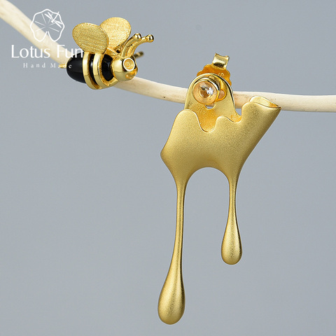 Lotus Fun de Plata de Ley 925 auténtica hecho a mano, joyería fina, abeja de oro de 18K y aretes de sillín asimétricos con goteo de miel para mujer, regalo ► Foto 1/6