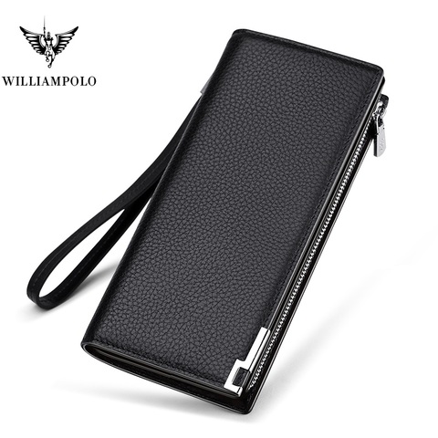 Williams-carteras largas de cuero para hombre, cartera plegable con bloqueo RFID y cremallera, de marca de lujo, con tarjetas de crédito ► Foto 1/6