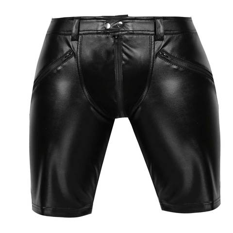 Negro látex Pantalones Hombre pantalones de cuero Sexy pantalones de corte medio Clubwear entrenamiento pantalones cortos de gimnasio de cuero de la PU de pantalones de la motocicleta Pants Streetwear ► Foto 1/6