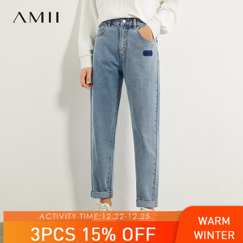 AMII minimalismo otoño moda bordado mujer Jeans casual algodón cintura alta recta Ankel-longitud mujer Jeans 12070215 ► Foto 1/5