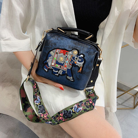 Bolso de elefante con bordado Vintage para mujer, tira de mariposa ancha, de cuero PU, bolso de hombro tipo bandolera, bolso de mano ► Foto 1/6