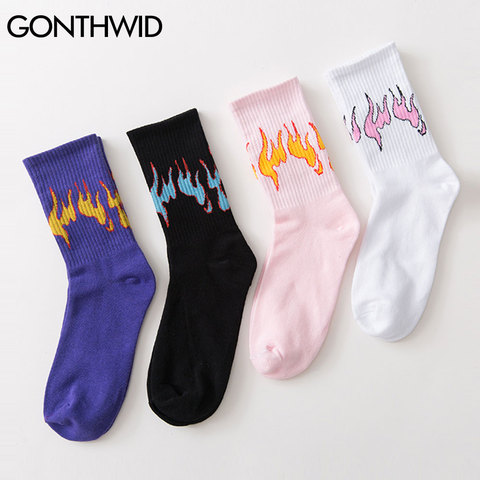 GONTHWID fuego calcetines de llama Streetwear Hip Hop Harajuku moda Casual de algodón patinetas los hombres las mujeres calcetines negro azul blanco rosa ► Foto 1/6