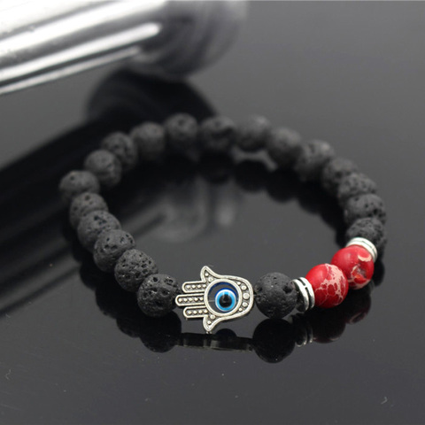 Pulsera de cuentas de piedra de Lava Natural, colgante en forma de mano de Fátima, amuleto ojo malvado elástico, para hombres y mujeres ► Foto 1/6