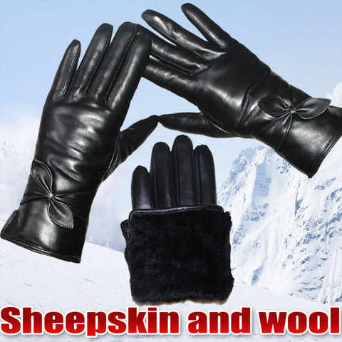 Guantes de piel de oveja para mujer, guantes gruesos de lana de cuero cálida, a prueba de viento y pantalla táctil, para invierno ► Foto 1/6