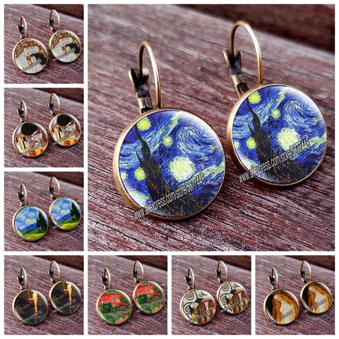 Pendientes de estilo sencillo con diseño de Van Gogh para mujer, joyería de cristal con broche de noche estrellada, de Color bronce ► Foto 1/6