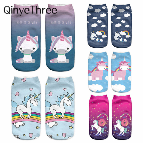 Calcetines Harajuku con estampado de unicornio en 3D para Mujer, tobilleros Kawaii, de unicornio, bonitos Calcetines de arte ► Foto 1/6