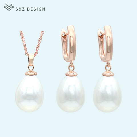 Diseño de S & Z, perlas de imitación a la moda, pendientes de gota de agua, conjuntos de joyería 585 oro rosa blanco dorado para mujeres, joyería para fiesta y boda ► Foto 1/6