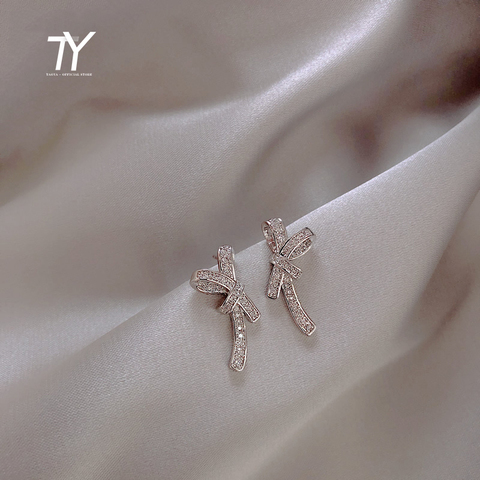 Pendientes de lazo de circón con incrustaciones para mujer, joyería coreana sexy para mujer, aretes de boda para fiesta con temperamento, aretes de moda para estudiante 2022 ► Foto 1/6