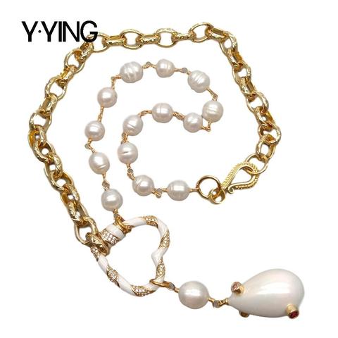 Y · YING-collar de agua dulce de arroz blanco natural con cadena de perlas, colgante de perla de concha de mar de 20