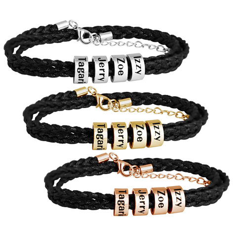 Pulsera de cuerda trenzada de acero de titanio personalizada MYLONGINGCHARM, pulsera de nombre personalizado para hombres, cuentas de oro rosa de acero colores ► Foto 1/6