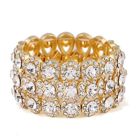 Joyería de la boda lujoso de completo Cristal Diamantes de imitación de Color oro pulseras para mujeres novia estirar cuerda Pulseras anchas y brazaletes regalo ► Foto 1/6