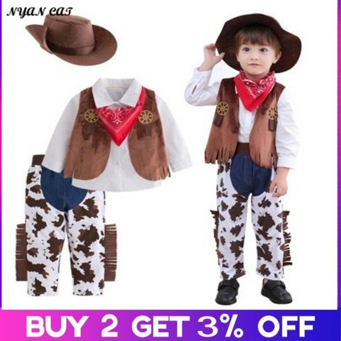 Disfraz de Halloween para bebés y niños pequeños, traje vaquero de 5 piezas, purim event, trajes de vacaciones, sombrero, bufanda, camisa, abrigo de cintura, Pantalones ► Foto 1/6