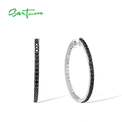 SANTUZZA de Plata de Ley 925 pendientes de aro de plata para las mujeres brillante espinela negra blanco Cubic Zirconia серьги delicado de moda de la joyería ► Foto 1/6