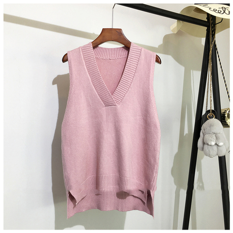 Suéter de punto para mujer, chaleco sin mangas con cuello en V liso para otoño e invierno, Jersey de punto Rosa informal salvaje suelto coreano ► Foto 1/6