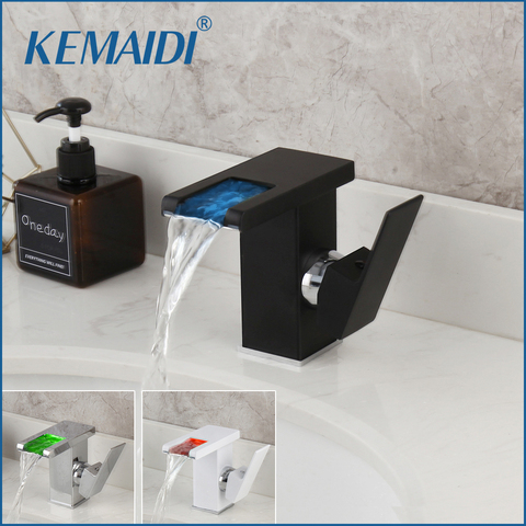 KEMAIDI-grifo de lavabo de cascada LED para baño, mezclador de lavabo, montaje en cubierta negra, latón macizo, montado por agua, 3 colores ► Foto 1/6