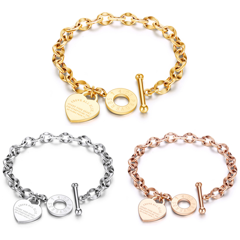 Pulseras de corazón de amor de acero inoxidable para mujer, regalo de fiesta, Joyas de moda, Charm de cadena, joyería, grabado de texto al por mayor ► Foto 1/6