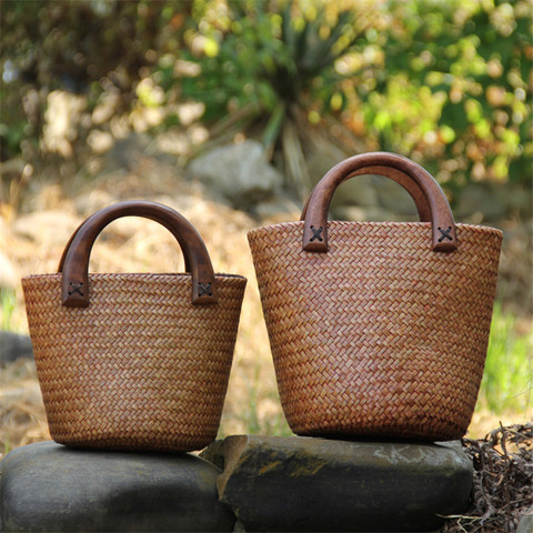 Bolso de paja hecho a mano con asa de madera, bolsos tejidos Vintage, para vacaciones en la playa, bolso de cubo de ratán ► Foto 1/6