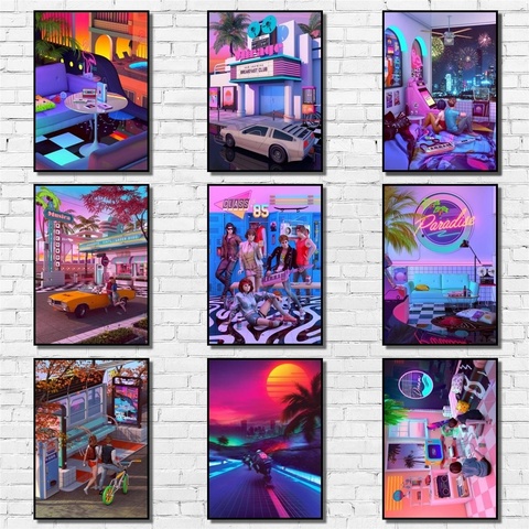 Póster de Synthwave de los 80s, calcomanía de pared de lujo, Arte Abstracto en la pintura, para cafetería, casa y Bar ► Foto 1/3