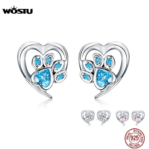 WOSTU perro huella de patas de perro corazón 100% pendientes de plata de ley 925 de circón azul pendientes para las mujeres de la boda de joyería de lujo CQE654 ► Foto 1/6