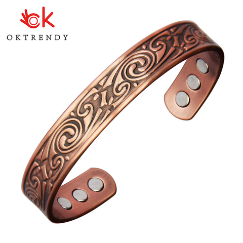 Pulsera con imán de cobre puro OKtrendy para mujer, brazalete con grabado de energía Bio, brazalete Unisex Vintage para hombre, joyería terapéutica ajustable ► Foto 1/6