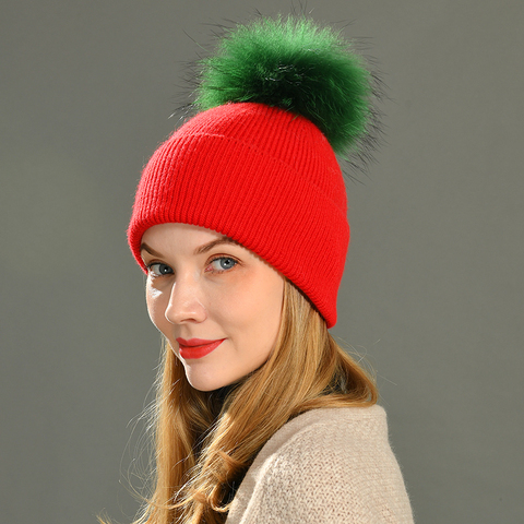 Gorro de punto para mujer, gorro de Angora, conejo, gorro de pelo para niña, gorro femenino con pompón de piel, novedad de invierno ► Foto 1/6