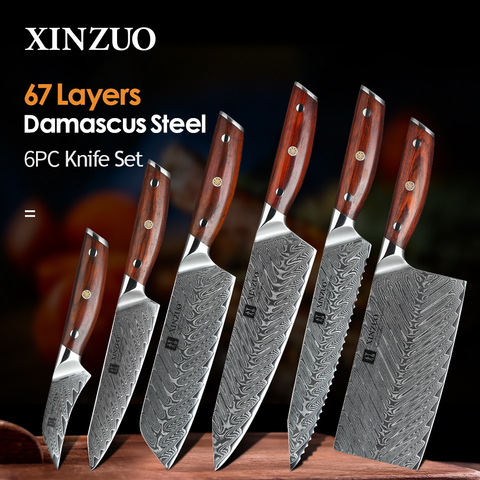 Juego de cuchillos de cocina XINZUO 6 uds. Cuchillos de cocina japoneses de acero de Damasco cuchillo de cocina para cortar el pan Santoku ► Foto 1/6