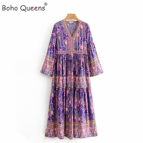 Boho Queens mujeres púrpura floral estampado con cuello en V de rayón playa Bohemia happie Vestido Mujer borla encaje-Verano Boho vestido Maxi ► Foto 1/6