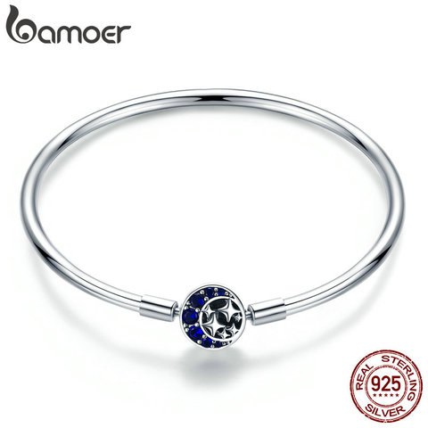 Pulsera de estrella y Luna Azul CZ de 100% Plata de Ley 925 auténtica BAMOER, brazaletes para mujer, joyería de plata de ley S925 SCB080 ► Foto 1/6