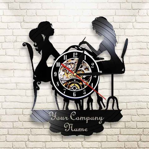 Pared personalizada reloj de salón de uñas nombre disco de vinilo, reloj de pared reloj con su logotipo salón de belleza Pared de tienda signo Casa Decor ► Foto 1/6