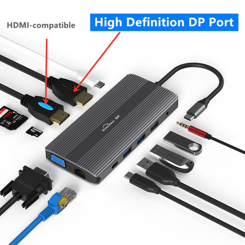 Adaptador multiusb 3,0 DP 4K VGA RJ45 HDMI, divisor compatible con 3 puertos HUB USB-C tipo C para MacBook, USB hub, estación de acoplamiento para portátil ► Foto 1/6