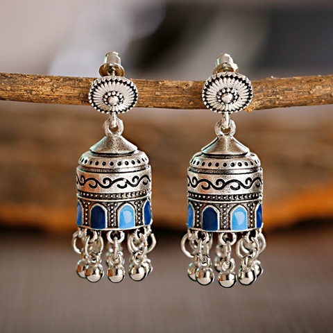 Jhumka Jhumki-pendientes colgantes con borla azul tallada para mujer, joyería étnica Retro de bollwood oxidado, campana pequeña, 2022 ► Foto 1/6