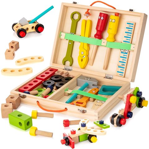 Caja de Herramientas de madera para niños, juego de simulación, Montessori educativo, tuerca, tornillo de desmontaje, herramienta de carpintero de reparación ► Foto 1/6