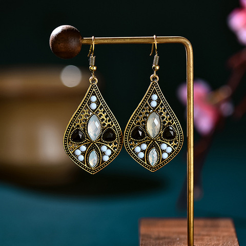 Pendientes de gota de agua de piedra de cristal negra de aleación de oro Vintage para mujer, aretes bohemios étnicos con cuentas rosas, joyería India tallada ► Foto 1/6