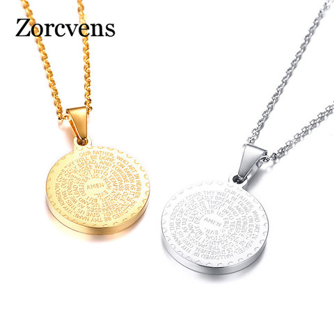 ZORCVENS-collar de acero inoxidable para hombre y mujer, medallón colgante con moneda de mano, versículo de la Biblia, oración, color dorado y plateado, joyería para parejas ► Foto 1/6