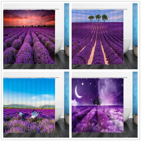 Cortinas de ducha con estampado 3D de lavanda púrpura, paisaje de flores, cortina de baño para decoración del hogar, juego de tela de poliéster impermeable ► Foto 1/6