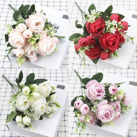 Ramo de rosas artificiales de seda para decoración de hogar, flores artificiales para decoración de bodas y jardín ► Foto 1/6