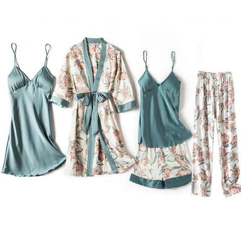 Conjunto de lencería íntima para mujer, ropa de dormir Sexy, camisón y bata, Kimono, bata de baño con estampado satinado de flores, para el hogar, 5 uds., novedad de 2022 ► Foto 1/6