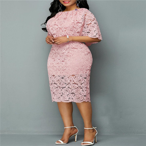 5XL 6XL las mujeres verano otoño gran tamaño vestido elegante de encaje de color rosa, vestido de mujer de gran tamaño de Noche Vestidos de Fiesta vestido de talla grande ► Foto 1/6