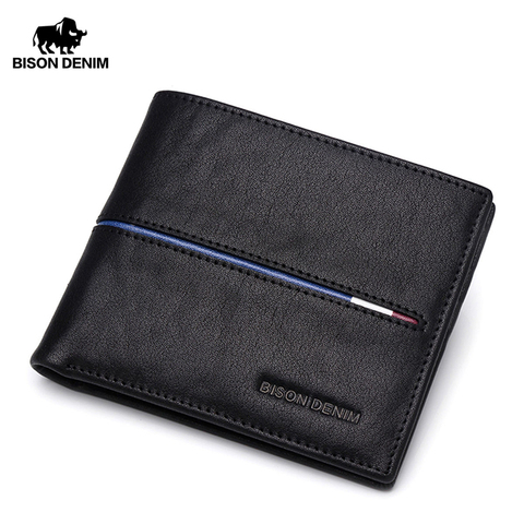 BISON DENIM Cartera de cuero genuino para hombre, monederos cortos a la moda, monedero, tarjetero de tarjeta de crédito, cartera plegable delgada para hombre N4437 ► Foto 1/6