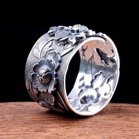 BOCAI-Anillo de plata de primera ley con forma de peonía para mujer, sortija 100%, plata esterlina 990, estilo tailandés, flor, con relieve, anillos para mujer ► Foto 1/6