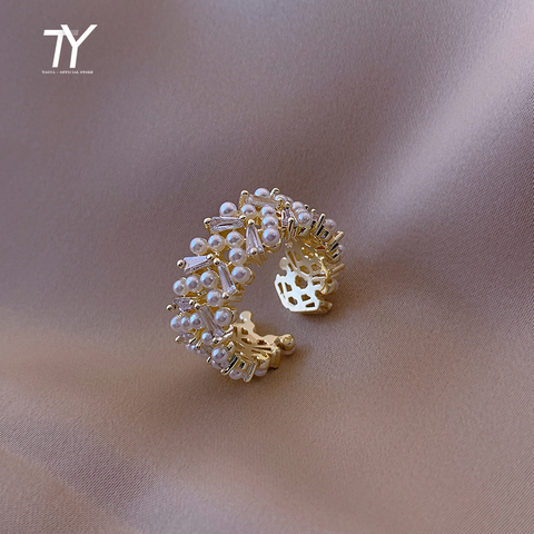 Anillo abierto de oro de circón PERLA para mujer, joyería Coreana de la manera, anillo de lujo ajustable para fiesta, inusuales, 2022 ► Foto 1/6
