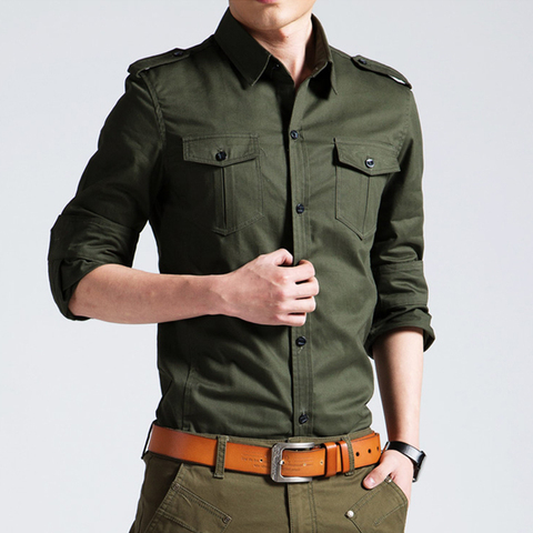 Camisas militares para hombre 2022 Otoño de manga larga Camisas casuales Camisas delgadas sólidas de algodón para hombre Chemise Homme talla grande 4XL 50 ► Foto 1/6